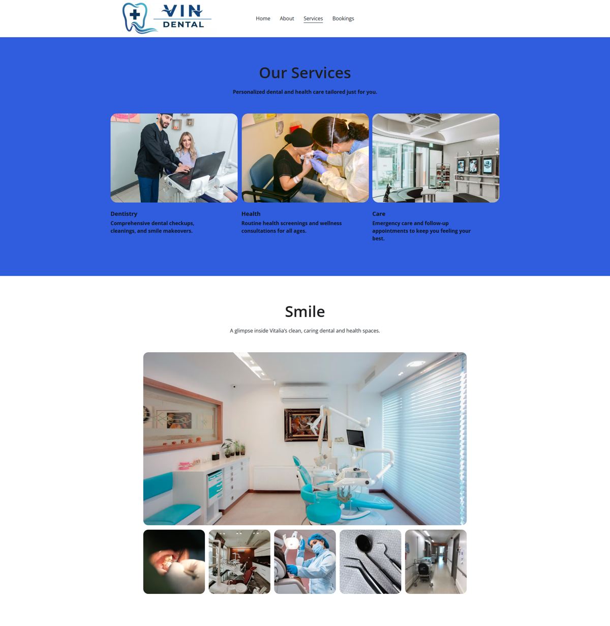 Vin Dental services website homepage